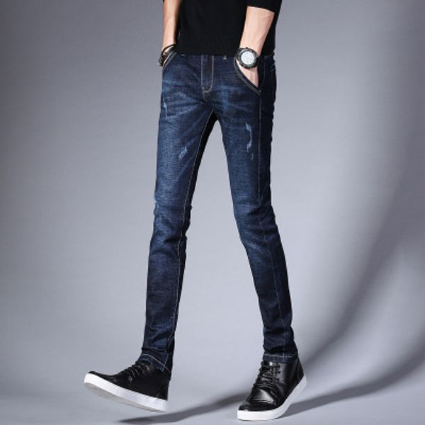 

mens brand jean trouser korean version of the slim long youth trend washed casual feet pants 2019 autumn and winter new fashion quality, Blue