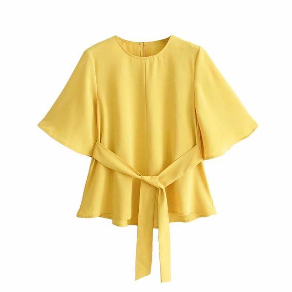 

klacwaya women yellow bomb shirts 2019 fashion ladies bohemian short blouses with belt korean girls chic street-wear femme, White