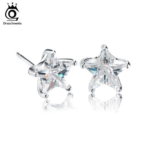 

orsa jewels real 925 sterling silver stud earring starfish jewelry for women grade austrian zircon five-pointed star earrings se02, Golden;silver