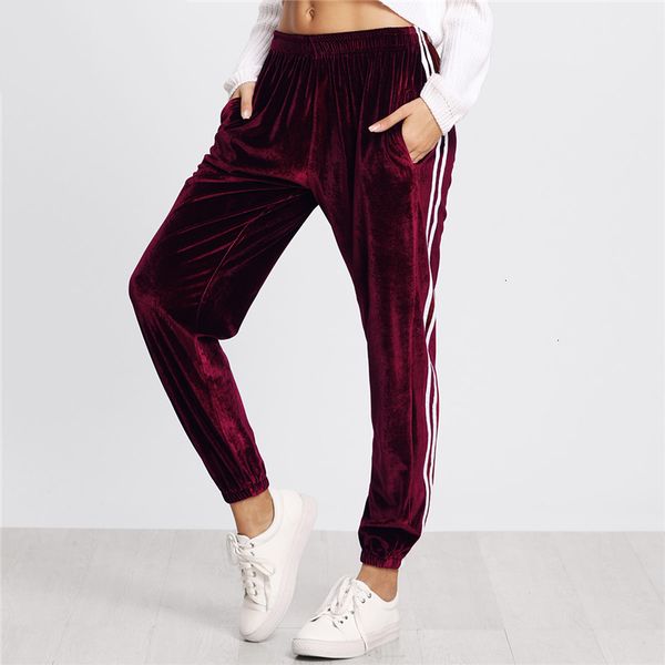 

pants women tape side velvet striped pocket burgundy sweatpants women casual autumn pants spring mid elastic waist long trousers, Black;white