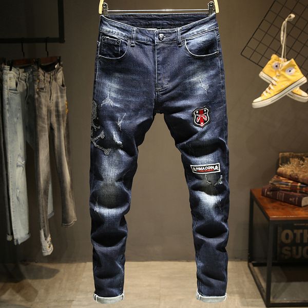 

mens designer big youth personality stamp diamond jeans men, Blue