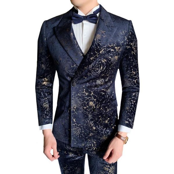 

new tide male floral pattern slim fit mens suit wedding groom tuxedo singer costume 3-piece set (blazer+vest+pants, White;black