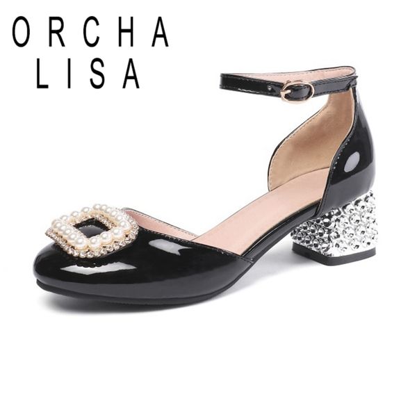 

orcha lisa 2020 spring summer sandals round toe 4.5cm square heels belt buckle patent leather rhinestone large size 32-43 c1778, Black