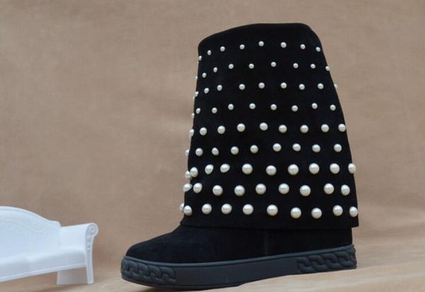 

designer shoes boots for women warm pearl trim snow boots slip-on 8cm height increasing string bead women shoes botas mujer, Black
