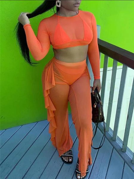 

wome beach cover up see-through set long sleeve crop ruffles pants trousers mesh bikini beachwear swimwear swimsuit 2pcs