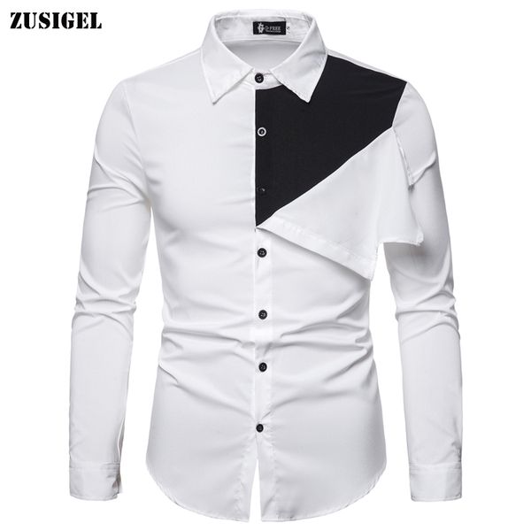 

zusigel мужская повседневная рубашка slim fit новая осень личность лоскутная мужчины рубашка с длинным рукавом однобортный мужские рубашки, White;black