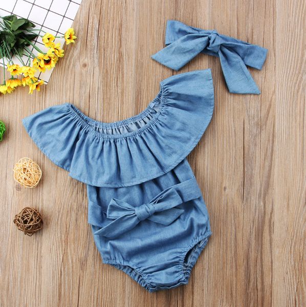 

baby fashion rompers baby girls robe lotus leaf collar strapless rompers kids casual solid color jumpsuits with headband quanlity, Blue