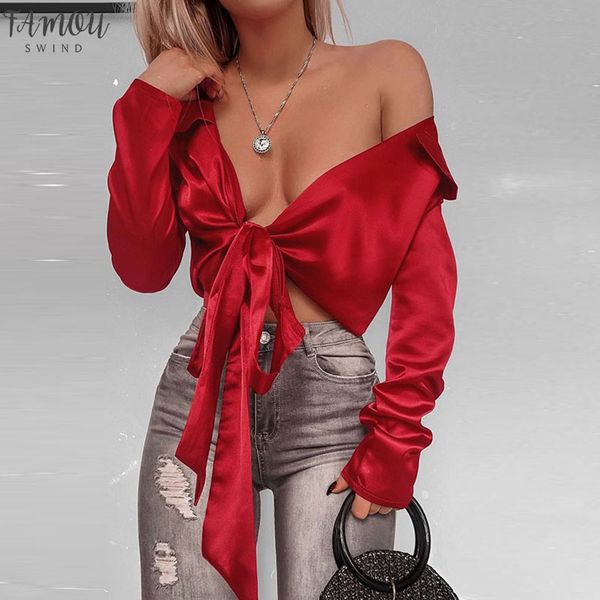 

fashion satin blouses long sleeve shirt bandage knot solid color shirts off shoulder crop smooth satin soft 4colors, White