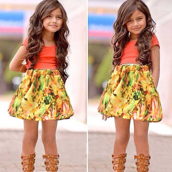 

girls clothes set ins l nice short sleeve t-shirt short skirt 2-piece set floral skirt suit children's clothing, White