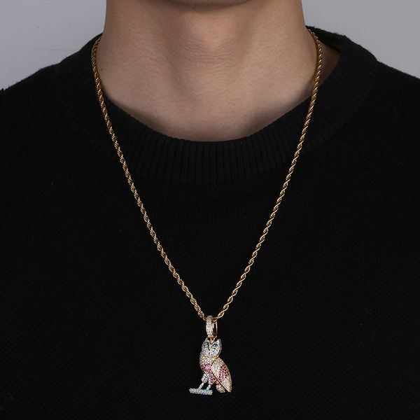 

wholesale-owl pendants necklaces men's hip hop colour jewelry with gold color tennis chain for men women cubic zircon, Silver