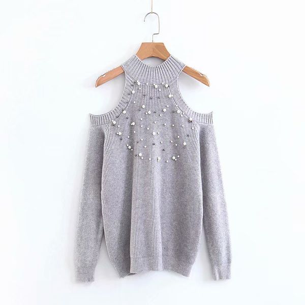 

women's wear with sexyshoulder-exposed nail beads body building knitted sweater with pure color pullover casual computer knitted, White;black