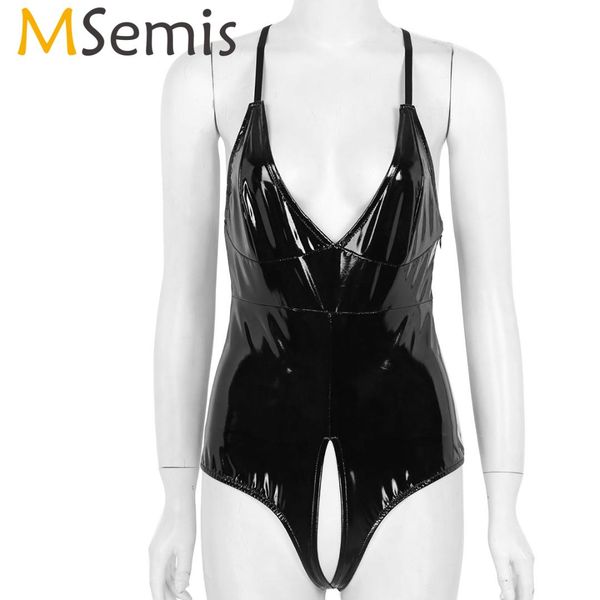 

msemis women patent leather bodysuit plunging v-neck adjustable strap back cross crotchless leotard exortic body suit nightwear, Black;white