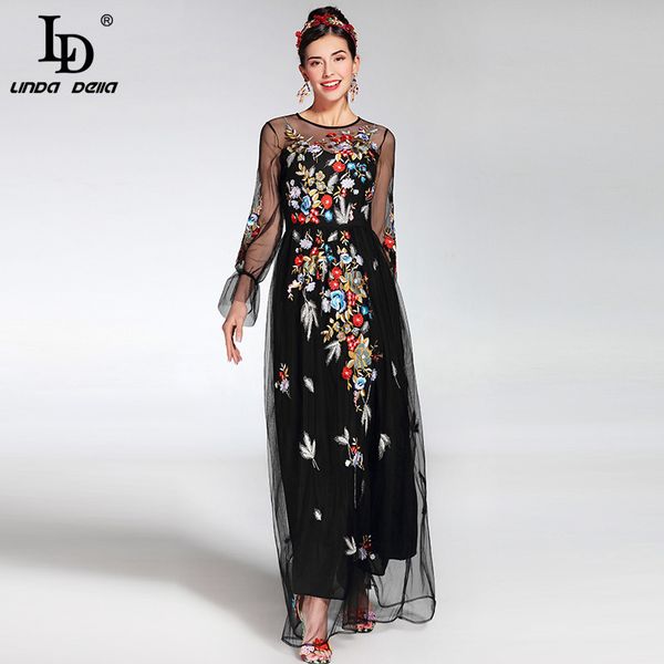 

2019 fashion runway maxi dress women's elegant long sleeve tulle gauze flower floral embroidery black vintage long dress y19012201, Black;pink