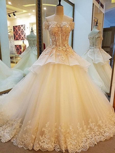 

бальное платье свадебное платье корсет назад шампанское свадебное платье 2019 с красочным кружевом свадебное платье реальные фотографии боль, White