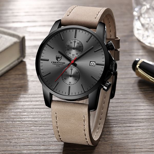 

cheetah men watch brand fashion sports quartz watches mens leather waterproof chronograph clock business clock relogio masculino, Slivery;brown
