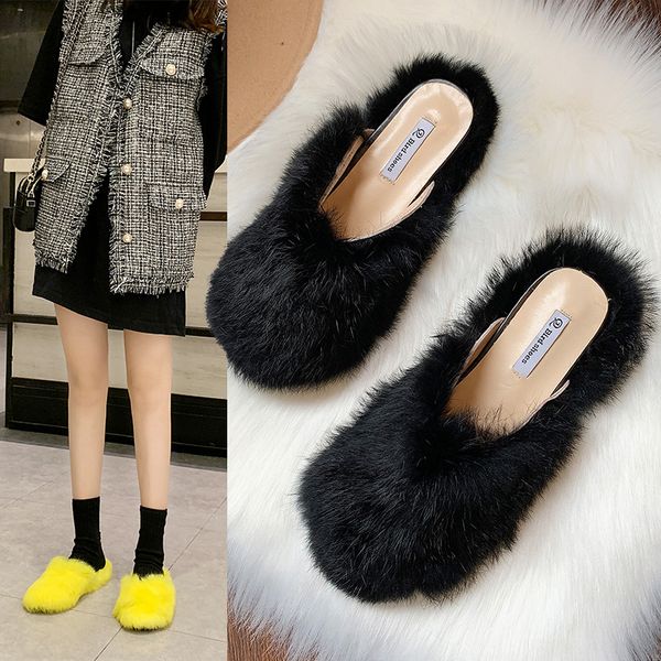 

cover toe mules womens shoes rivet slippers fur low flock slides loafers fashion plush flat luxury metal decoration with fur, Black