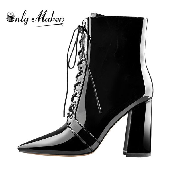 

onlymaker pointed toe black color patent leather lace up chunky 12cm high heels side zipper ankle boots for winter 2019