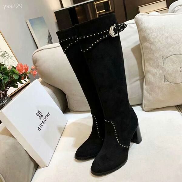 

new thick-heeled long women but knee leather studded knight boots black mid-heeled long sleeves handsome motorcycle boots