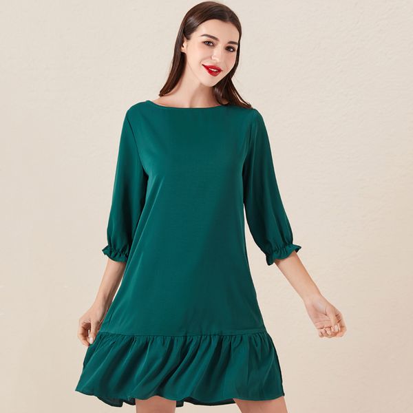 

2020 dress women's casual o-neck plus size dress solid color ruffle cropped sleeve loose ropa wholesale, Black;gray