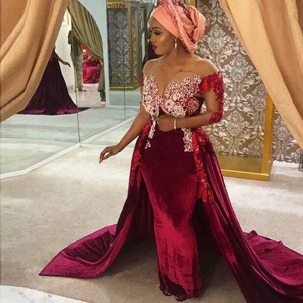 

burgundy velvet русалка вечерние платья с рукавом половина sheer шея аппликации из бисера съемных поезд вечерних платьев, White;black