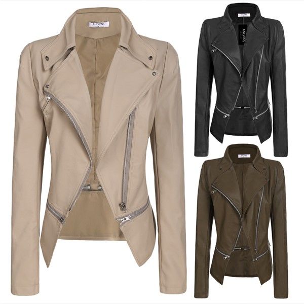 

2019 designer faux leather jacket fashion zipper women ladies long sleeve autumn winter casual pu leather jacket black wholesale