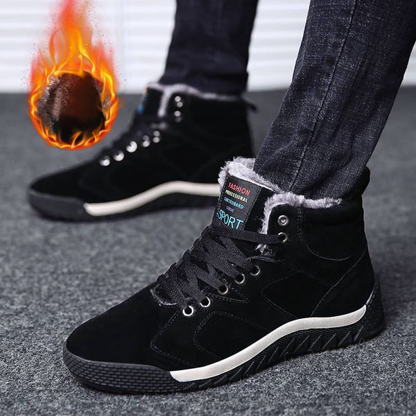 

men's winter boots warm fur plush snow booties sneakers shoes man lace up footwear male zapatos plus size 47, Black