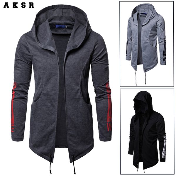 

aksr new men's hooded slim sports casual printing fashion assassin sweater long solid jacket, Black;brown