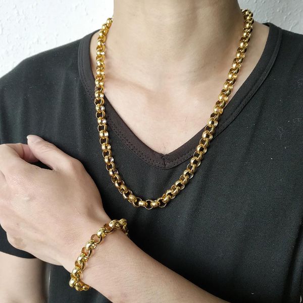 

men metal bracelet & necklace set 9mm pieces gold plated made of stainless steel new style man fashion jewelry bracelet 105g 2 colors