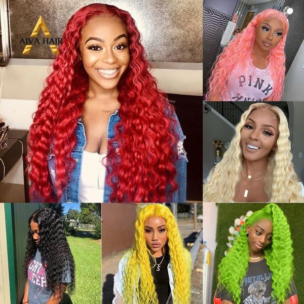 

aiva глубокая волна черный парик термостойкий синтетический парик фронта шнурка бесклеевой зеленый желтый красный розовый блондинка парики д, Black