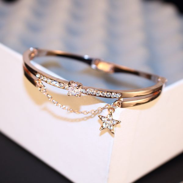 

супер блестящий! новая мода ins роскошный дизайнер алмаз циркон розовое золото титан браслет для женщин девушки 18 см с шармом звезды, Black