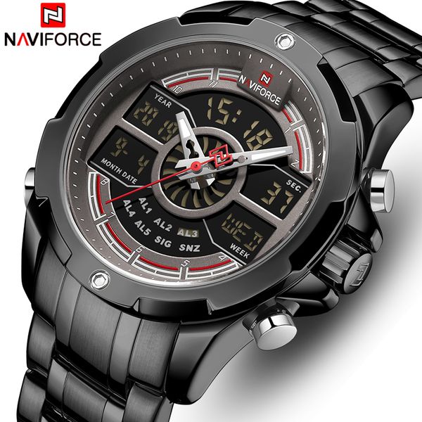 

naviforce brand men's sports quartz watch men full steel waterproof digital watches led analog male clock relogio masculino, Slivery;brown