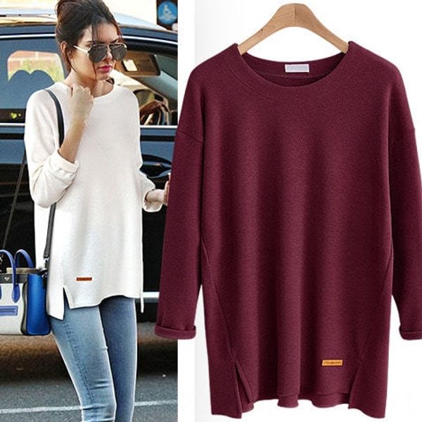 

6098 large size women's autumn solid color t-shirt women's loose large size long sleeve round coat t-shirt collar slim top, White