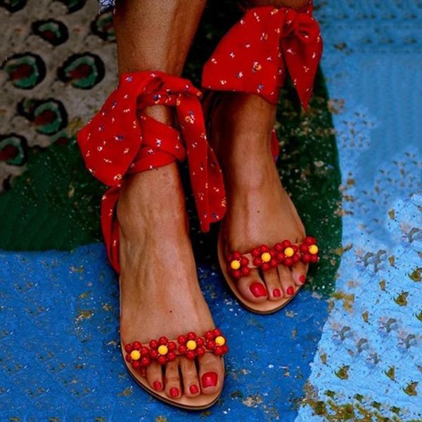 

2020 handmade sandals women flat sandals ankle strap beaded special women's shoes beach plus size 34-43, Black
