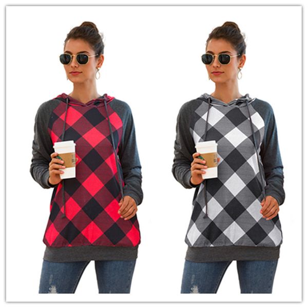 

women plaid patchwork drawstring hoodie girls hip hop designer hoodies streetwear casual sweatshirt long sleeve striped streetwear, Black