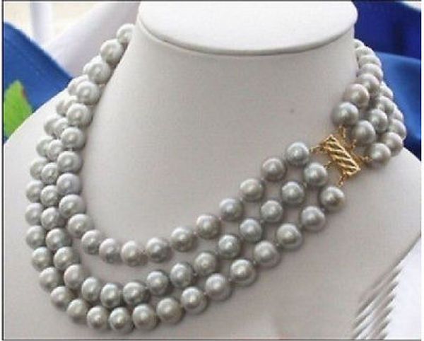 

fine pearls jewelry triple strands 8mm natural south sea gray pearl necklace 17-19"14k, Silver
