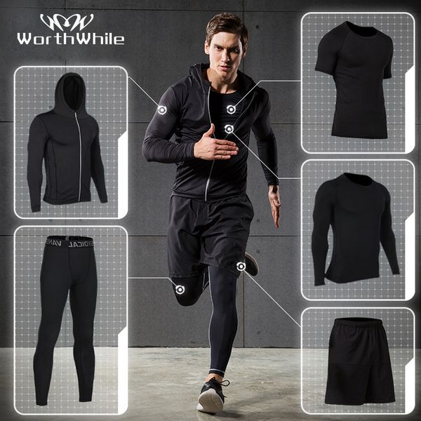 

worthwhile 5 pcs/set men's tracksuit compression sports wear for men gym fitness exercise workout tights running jogging suits, Black;blue