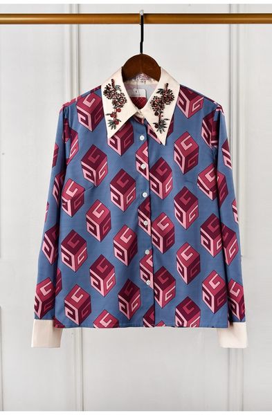 

2019 весна осень новый фиолетовый геометрический принт отложным воротником горный