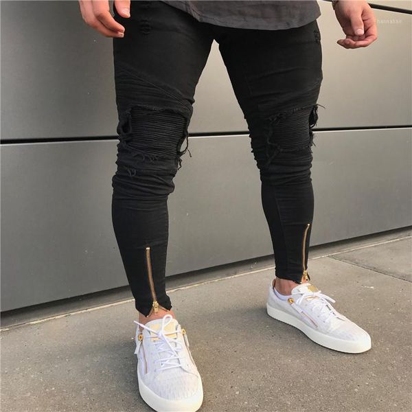 

2020 new biker jeans knee protection designer black men casual male trousers skinny motorcycle side zipper pants1, Blue