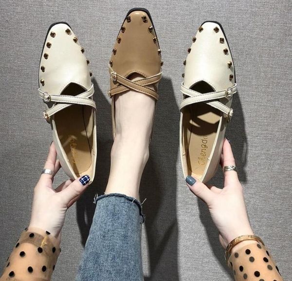 

fashion rivet women flat ballet shoes woman pointed toe buckle flats shoes elegant comfortable lady chaussure femme loafers, Black