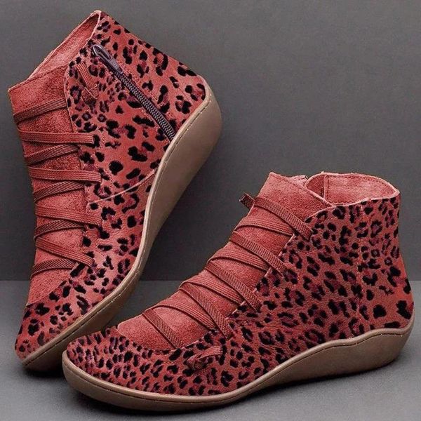 

women snow boots womens new casual flat leopard print lace-up zipper round toe shoe ankle booties plush insole shoes woman, Black