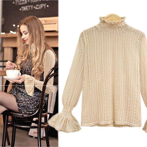 

women's t-shirt 2021 perspective mesh bottoming shirt lace lotus leaf collar trumpet sleeve temperament wild cotton female, White