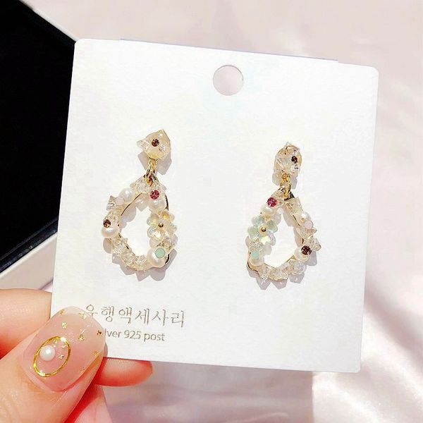

high-end handmade crystal drop earrings gold color shell flower freshwater pearl women statement earrings jewelry, Silver