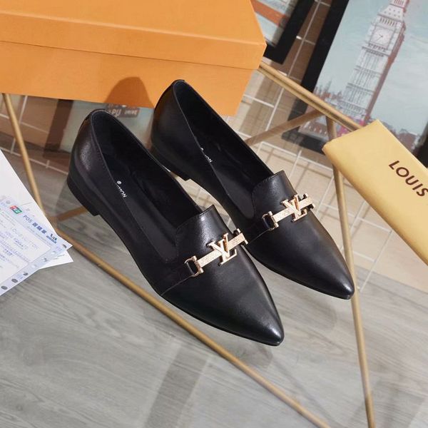 

new high-end brand summer ladies pointed flat shoes leather flat women's casual shoes 35-41 yards 2 colors, Black