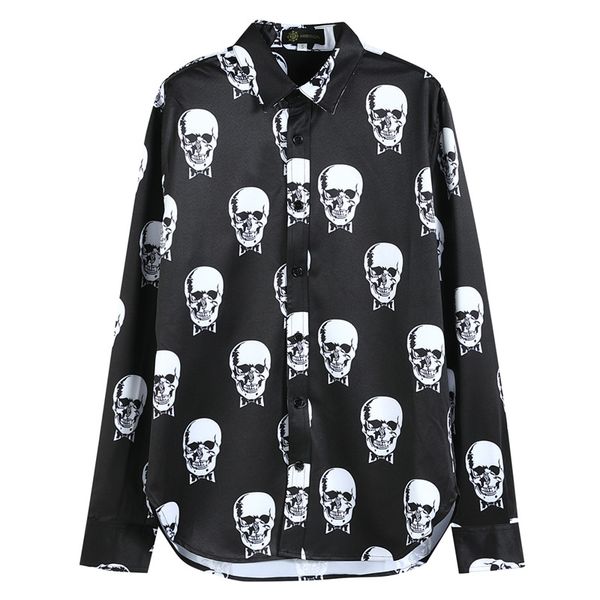 

mens shirts fashion black skull printing comfortable long sleeve loose shirt t-shirt casual high street s, White;black
