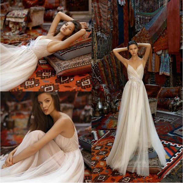 Liz Martinez 2019 Vestidos De Noiva Espaguete Bohemia Backless Boho Vestidos De Noiva Com Penas A Linha Vestido De Noiva Praia robe de mariée Barato