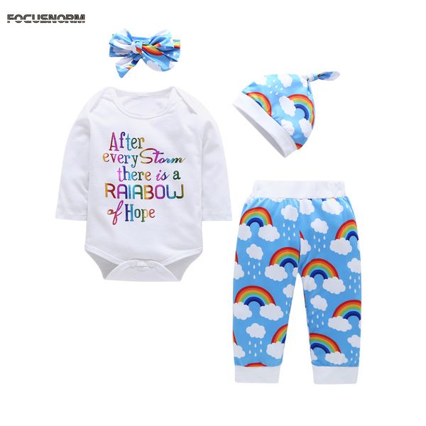 

4pcs newborn baby boy girl rainbow coloful long sleeve romper+pant+hat outfit clothes lovely baby clothing set, Pink;blue