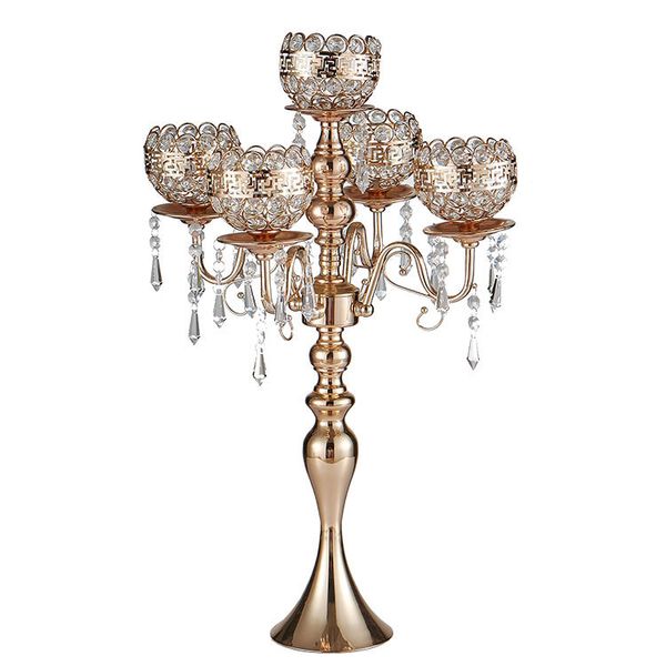 

tall 5-arms metal rose gold candelabras with pendants romantic wedding table candle holder home decoration mma2724