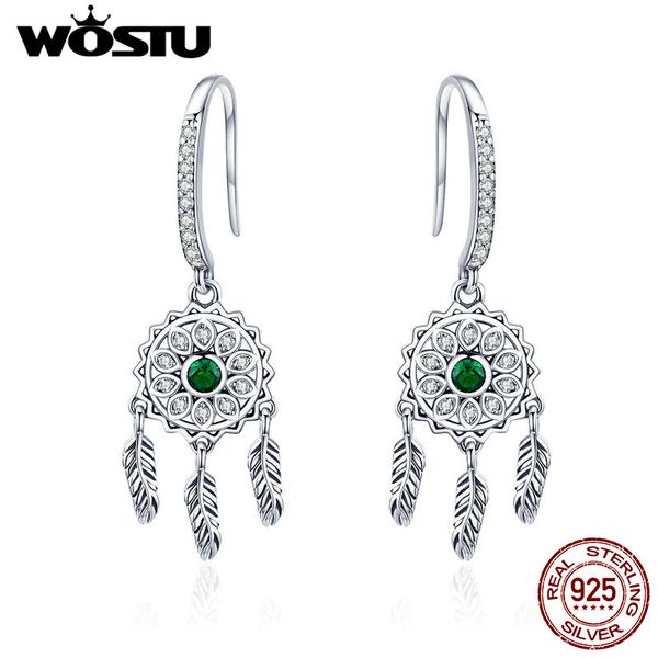 

wostu 100% 925 sterling silver green cz dream catcher bohemian long drop earrings wedding fashion jewelry 2018 femme bke441