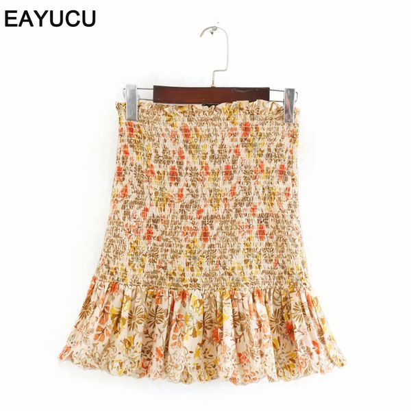 

eayucu high elastic waist floral print women bodycon skirts 2020 summer ruffles ruched prairie style ladies skirt eb013, Black