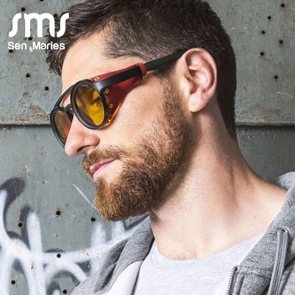 

round steampunk sunglasses men 2019 personality sun glasses women fashion red black leather rivets male and female eyeglasses, White;black